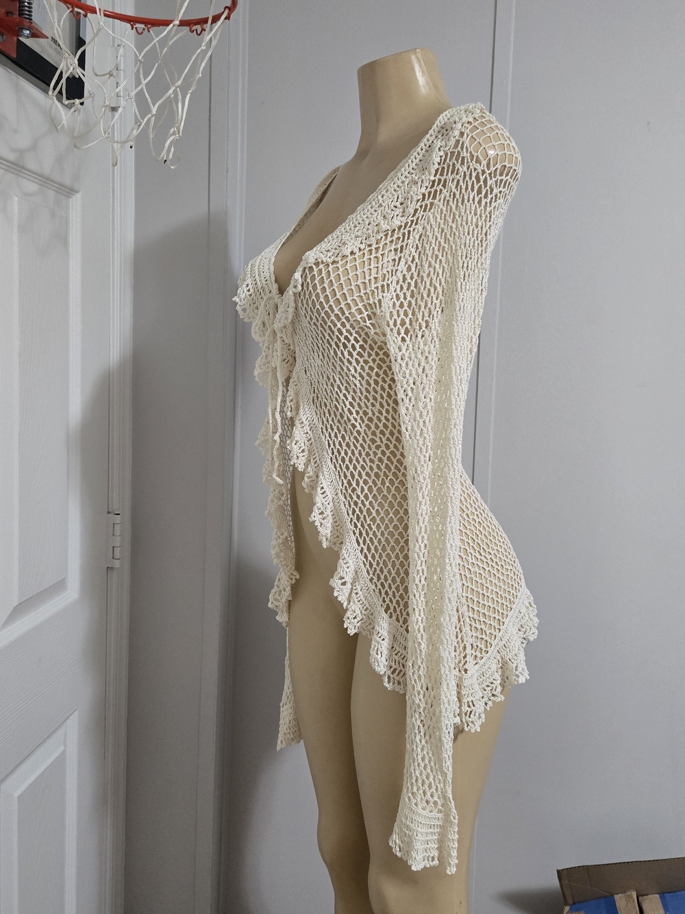 Cardigan Cream Crochet Open-Knit Tie-Front Blazer Jacket - Picture 8 of 11